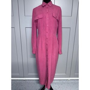 PAT ARGENTI 100% Silk Pink Dot Button Front Maxi Shirt Dress 8 Long Sleeve Lined